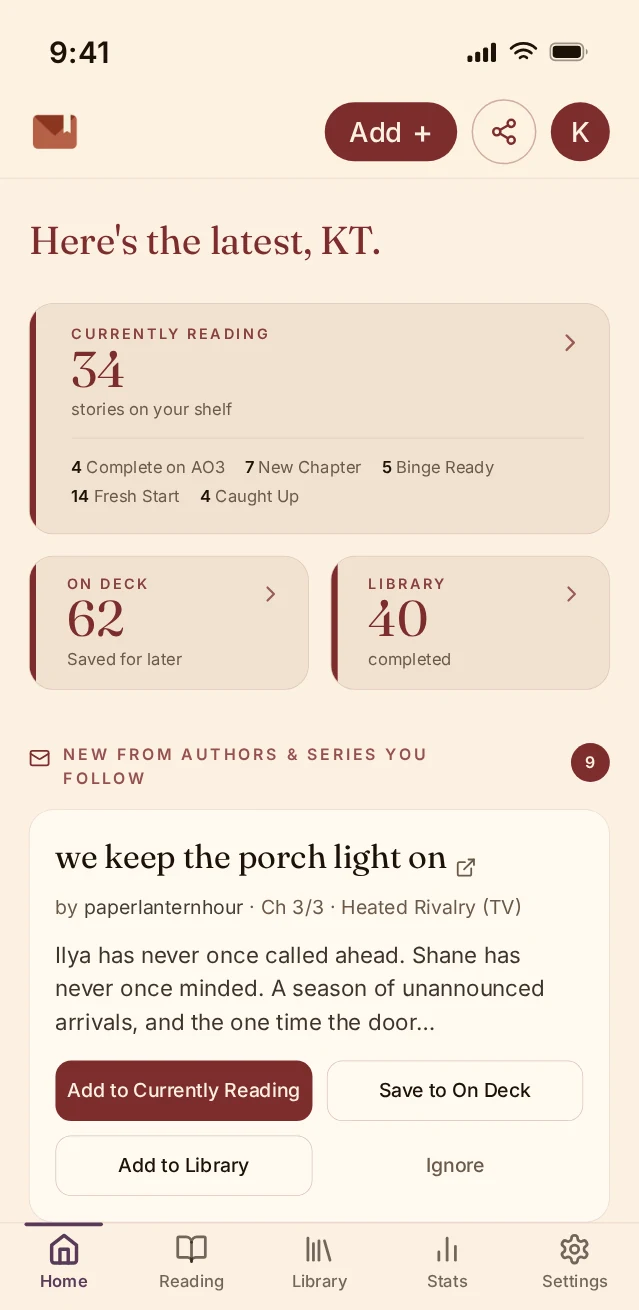 WIP Inbox Home screen on a phone: 34 currently reading with a bucket breakdown, 62 on deck, 40 in the library, and a new author update ready to file.