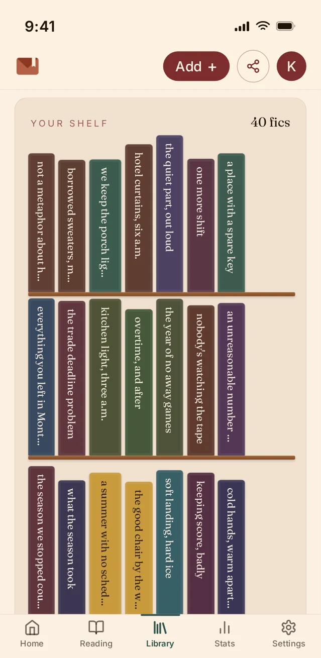 WIP Inbox Library screen on a phone: 40 finished fics drawn as coloured book spines standing on wooden shelves.