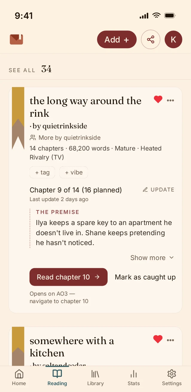 WIP Inbox Reading screen on a phone: a story card at chapter 9 of 14 with a bookmark ribbon showing how much is left, and a button to open chapter 10.